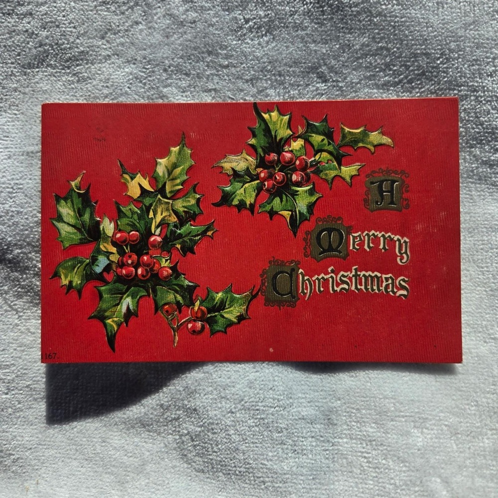 Vintage Embossed Holly Merry Christmas Postcard‎ 1909 Middleville Michigan